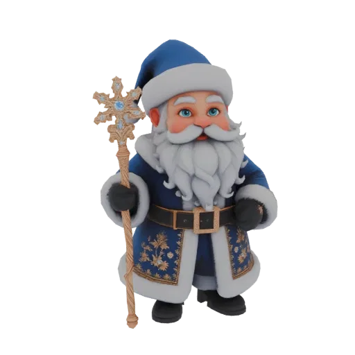 Modèle 3D d'un joyeux Père Noël portant un manteau et un bonnet bleus, tenant un bâton doré surmonté d'un flocon de neige.