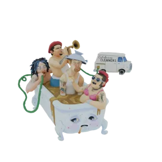 3D model of four quirky characters in a bathtub, with a 'Calabasa Cleaners' van in the background.