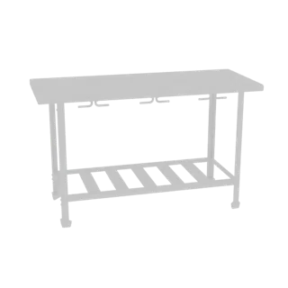 A 3D model of a modern kitchen island with a slatted lower shelf and a rack for wine glasses, rendered in a neutral gray.