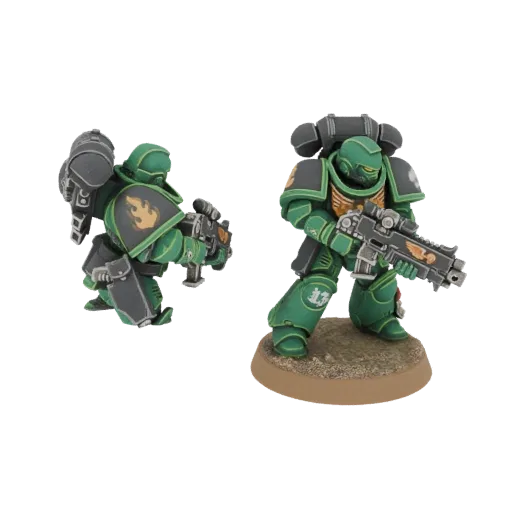 3D model of a green-armored Space Marine with a flame emblem on its shoulder pad, holding a bolter.