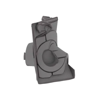 Render 3D de um componente mecânico geométrico abstrato com formas cinzas interligadas e contornos escuros, contra um fundo b