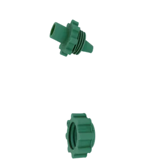 Modèle 3D d'une buse en plastique vert avec poignée nervurée et extrémité filetée, à côté d'un écrou en plastique vert assort