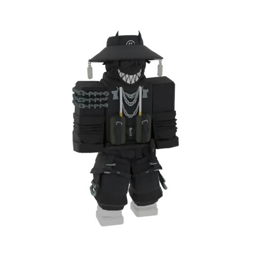 3D model of a dark samurai warrior wearing a black hat, a menacing mask with sharp teeth, and tactical gear.