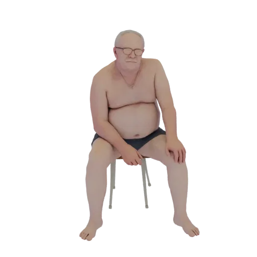 3D model of an elderly man with white hair and glasses, wearing swim trunks, sitting on a chair with his hands on his knees.