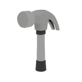 3D-Modell eines Hammers zum Nageln, mit grauem Metallkopf und grauem Griff mit schwarzer Basis.
