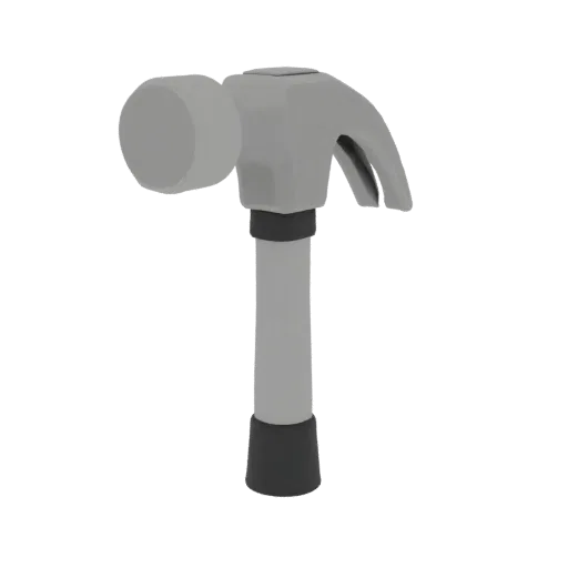 3D model of a nail hammer with a gray metal head and a gray handle with a black base.