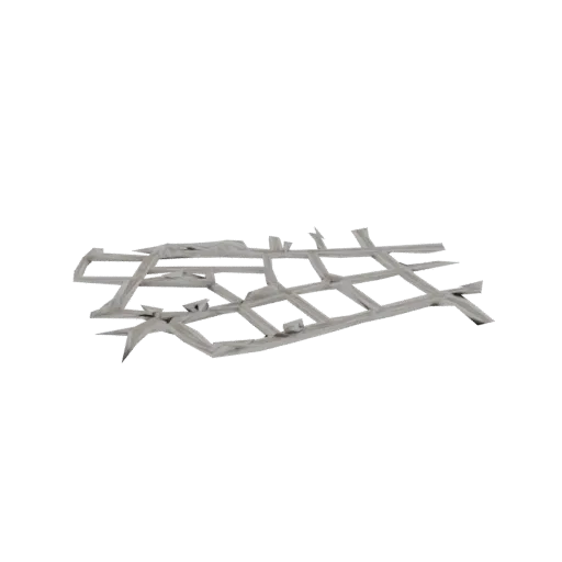 3D render of a broken, distorted geometric grid structure with sharp angles and irregular gaps, rendered in a matte light gra