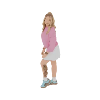 3D-Modell einer jungen Frau mit blonden Haaren, pinkfarbenem Pullover und weißem Rock, mit detailliertem Bein-Tattoo und blau