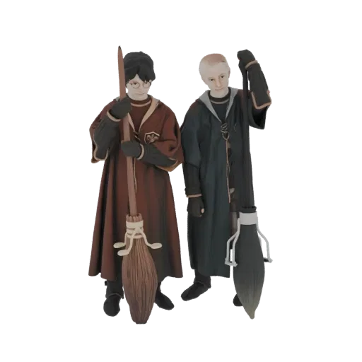 3D model of Harry Potter and Draco Malfoy in Quidditch uniforms, holding broomsticks, against a white background.
