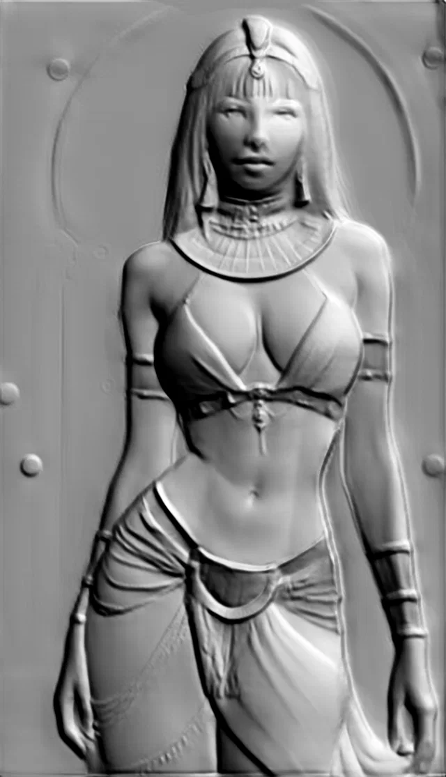 3D model of an Egyptian Queen in bas-relief style, featuring intricate headdress and jewelry, rendered in grayscale.