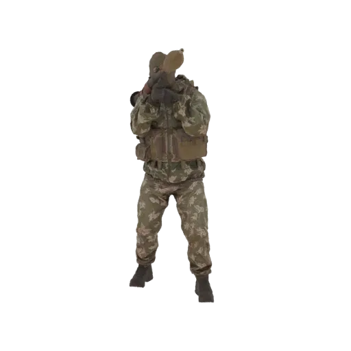 3D-Modell eines Soldaten in Tarnuniform mit Raketenwerfer, von vorne betrachtet.