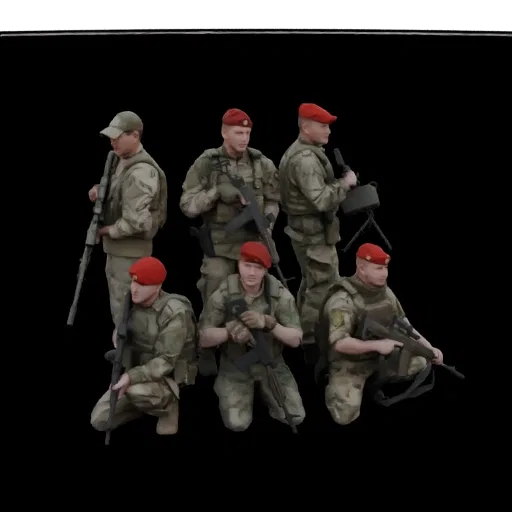 3D model of six modern military soldiers in tactical gear, armed with rifles and machine guns, posed for a diorama.