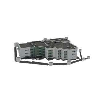 Modelo 3D de edifício moderno multifamiliar com sistema de drenagem externo visível, renderizado sobre fundo branco.