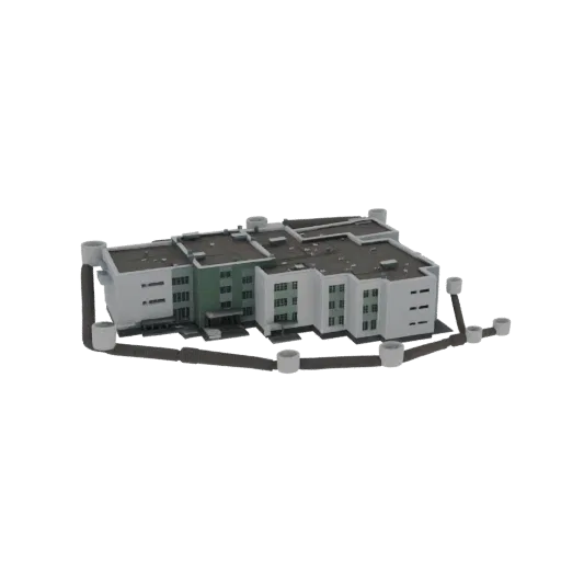 3D model of a modern multi-story building with a visible external drainage system, rendered on a white background.
