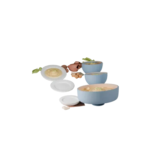 Schüssel Suppe Produktvisualisierung 3D-Modell, Drei-Viertel-Studio-Produkt-Render, zeigt Saucen, angerichtete Komposition.