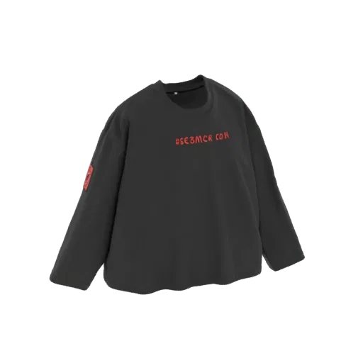 3D model of a black oversized crewneck sweatshirt with a red '#SE3MCR' logo on the chest and a red patch on the sleeve.