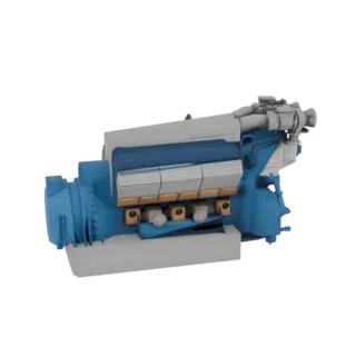 Modelo 3D de un motor industrial MWM TCG2020V12, con componentes azules y grises y acentos de cobre, mostrado desde un ángulo