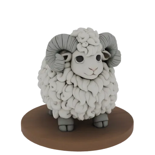 A 3D render of a cute ram figurine made to look like claymation, with fluffy wool texture and grey curled horns, standing on