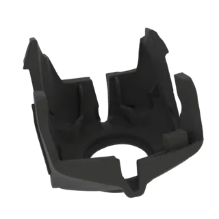 Un rendering 3D di una maschera futuristica nera con angoli affilati e una complessa struttura interna a strati.