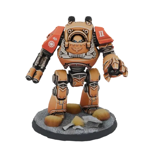 3D model of an orange Dreadnought miniature with a large fist and a twin-linked assault cannon, standing on a rubble-strewn b