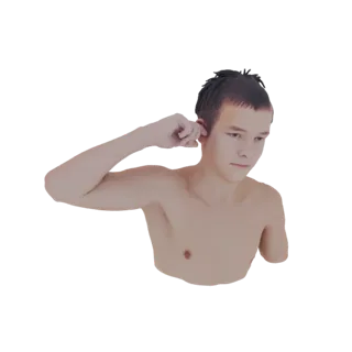 3D-Modell eines jungen Mannes mit kurzen dunklen Haaren, der nach unten und zur Seite blickt und sich mit der rechten Hand da