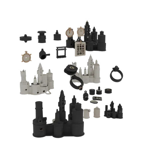 Urban Candle Cluster Printable 3D model, isometric STL render, showing paper-like cards, small readable forms.