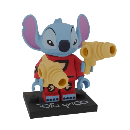 3D model of Stitch as a LEGO minifigure holding two yellow blasters, standing on a Disney 100 base.
