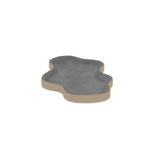 Modèle 3D d'une flaque d'eau avec une surface grise texturée et une bordure couleur sable, vue sous un léger angle.