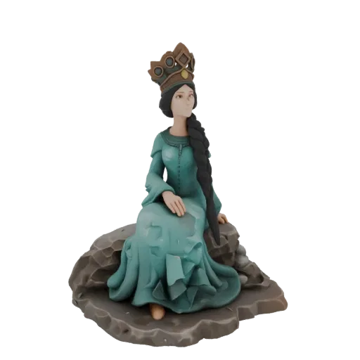 3D model of a majestic queen with a crown, wearing a teal gown, sitting on a rock formation with her long braid flowing.