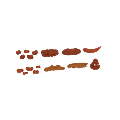 A 3D render of various clay-formed poop shapes arranged in two rows against a black background.