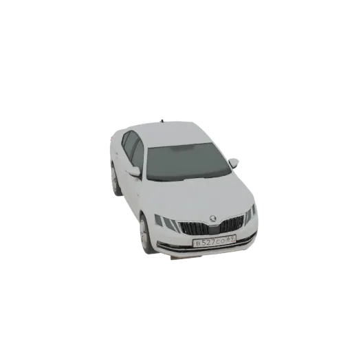 3D model of a white sedan car, viewed from a slightly elevated front-right angle, against a white background.