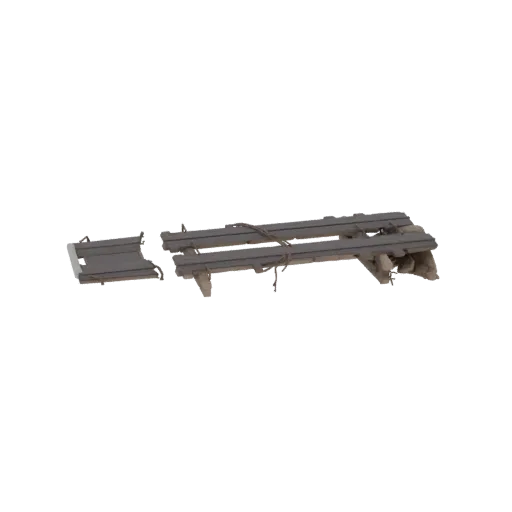 3D model of collapsed car bridge with exposed rebar and destruction elements, side view