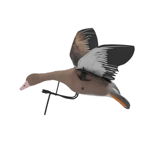3D model of a brown duck decoy in mid-flight, wings spread, against a white background.