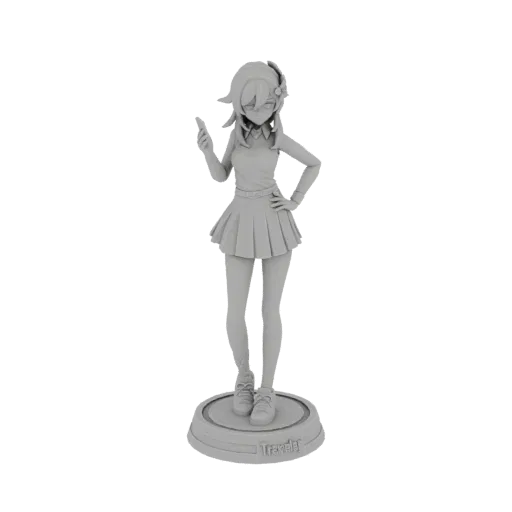 3D model of the Traveler character from Genshin Impact, standing on a circular base, holding a smartphone.