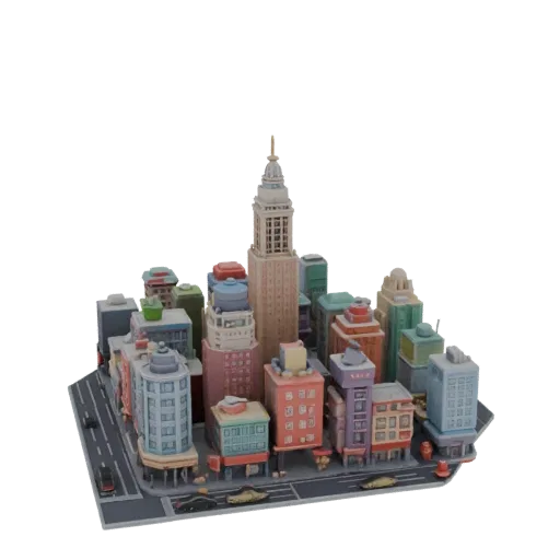 New York style city 3D model with skyscrapers, streets, and cars in vibrant colors.