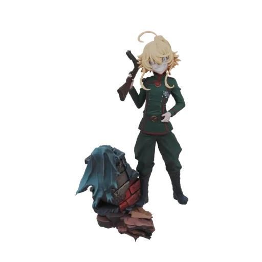 Modelo 3D de Tanya von Degurechaff de Saga of Tanya the Evil, sosteniendo un rifle y parada sobre una base de diorama de esco