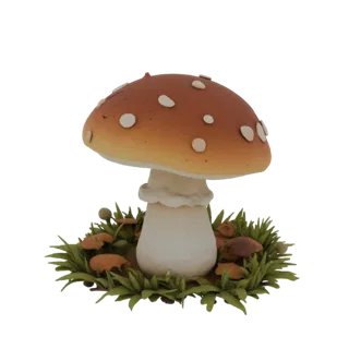 Modelo 3D de cogumelo da floresta com chapéu marrom salpicado de branco, sobre grama verde com pequenos cogumelos.