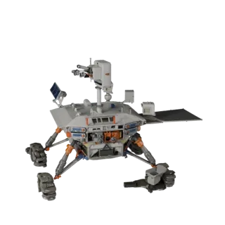Prospector Lunar Lander 3D-Modell, Dreiviertel-Frontansicht, Unity-Viewport, zeigt staubige Räder, Fahrzeug-Haltung.