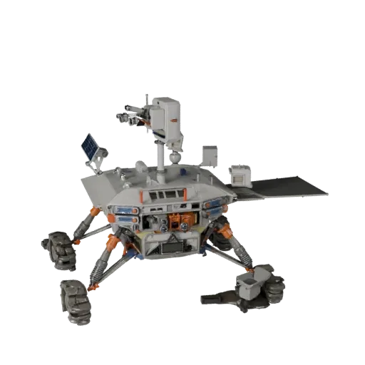 Modèle 3D Prospecteur Lunar Lander, vue trois-quarts avant, viewport Unity, montrant roues poussiéreuses, posture du véhicule