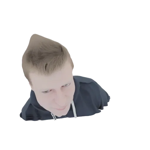 3D-Modell eines jungen Mannes mit blonden Haaren, der einen dunklen Hoodie trägt, von oben betrachtet.