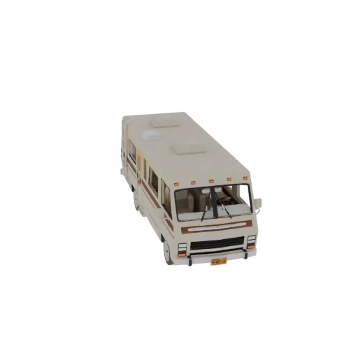 3D-Modell eines beige-braunen Retro-Wohnmobil-Campers, von leicht erhöhter Seitenansicht.