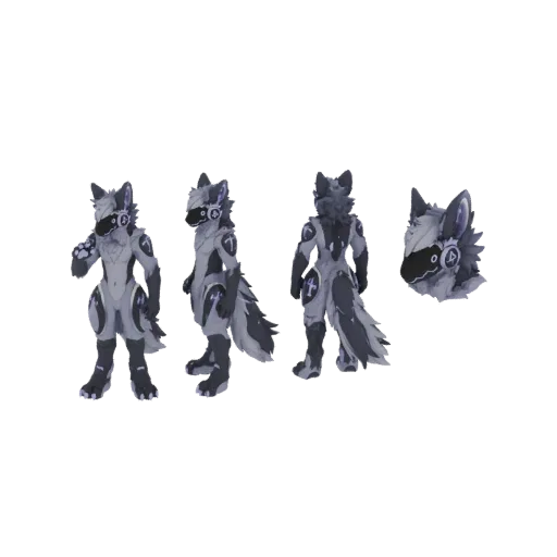 Modelo 3D de un lobo cibernético mostrado desde vistas frontal, lateral, trasera y de cabeza, con detalles mecánicos futurist