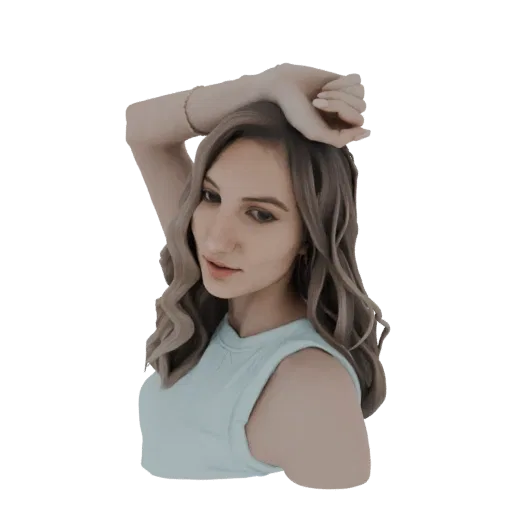 3D model of a woman with wavy hair, wearing a light blue top, with her right arm raised.