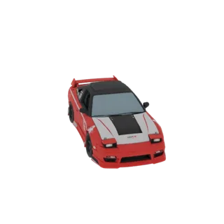 A 3D model of a red and white tuner car with black accents and a spoiler, viewed from a three-quarter front angle.