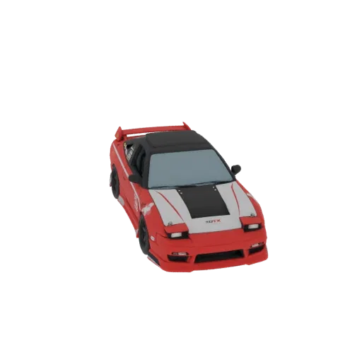 A 3D model of a red and white tuner car with black accents and a spoiler, viewed from a three-quarter front angle.