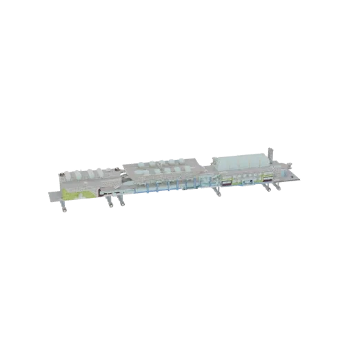 3D model of a modern train station platform with seating, signage, and structural elements, presented on a black background.