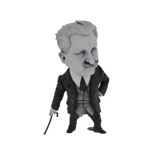 3D model of a caricature of a distinguished gentleman with a mustache, wearing a suit and holding a cane.