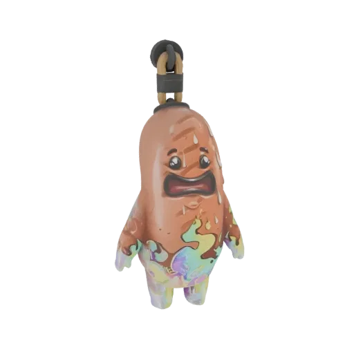 3D model of a distressed, sweating sausage character with colorful iridescent drips and a keychain loop.