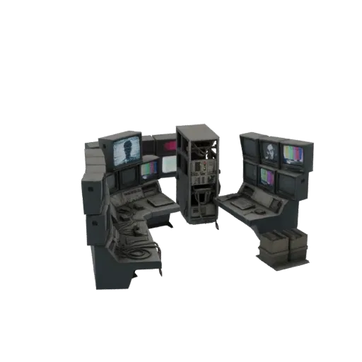 3D-Modell einer Retro-Kommandozentrale mit mehreren Röhrenmonitoren, Bedienkonsolen und einem zentralen Server-Rack.