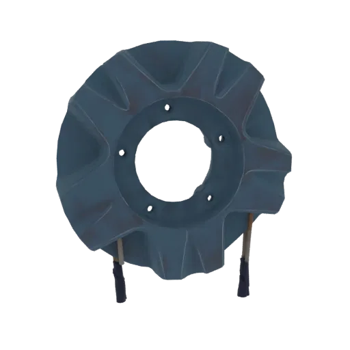 3D model of a blue-grey industrial fan impeller with visible mounting rods, set against a black background.
